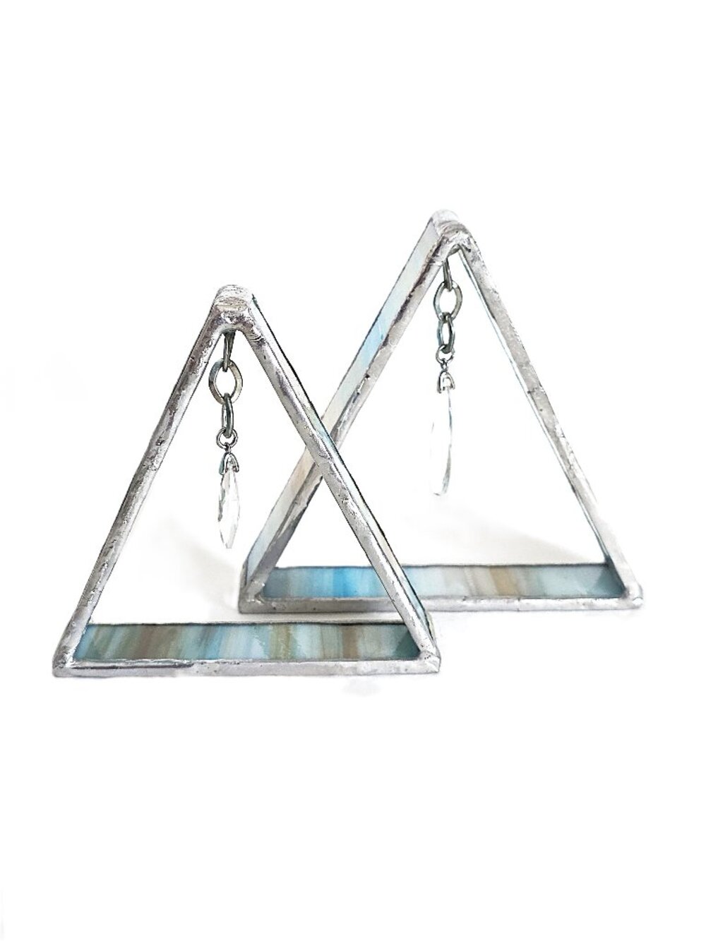 Blue stained glass triangle suncatcher duo